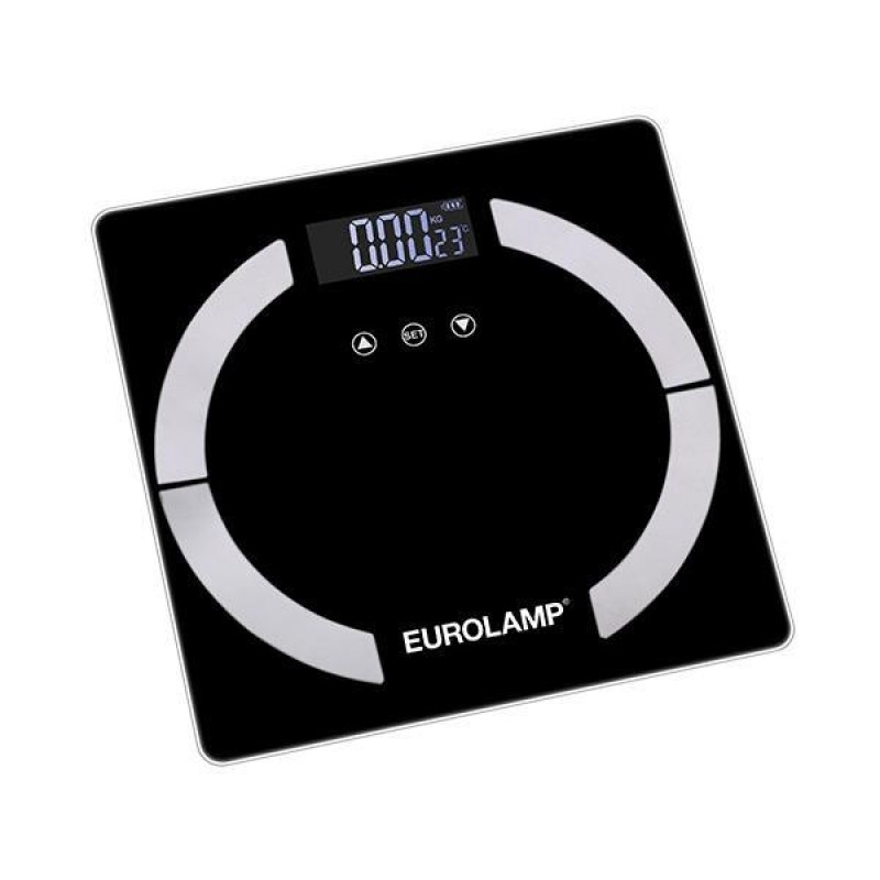 EUROLAMP 300-70037 Ζυγαριά Μπάνιου για Μέτρηση Βάρους, Νερου. Λίπους, Δείκτη Μάζας Σώματος, Θερμιδων Οστικής και Μυικής Μάζας και Μνήμη Μαύρο χρώμα 